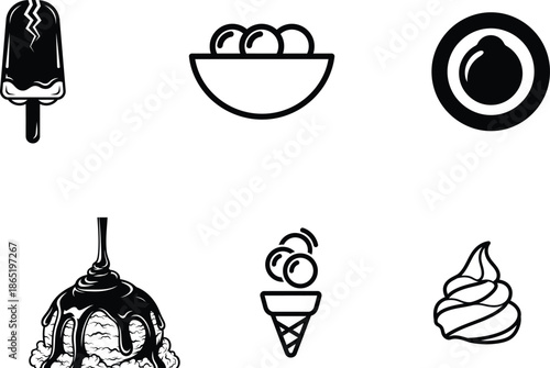 Ice cream and dessert icons in black and white illustration style