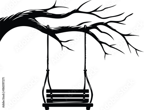 Silhouette of a wooden swing hanging from a bare tree branch representing childhood nature and leisure isolated on white background