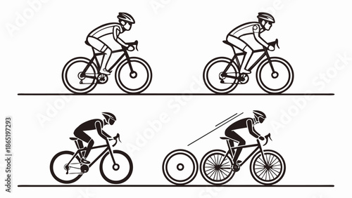 Two cyclists riding bicycles in different positions are depicted alongside a runner all in silhouette