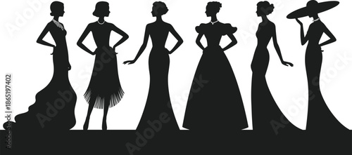 Long Formal Dresses, Necklace Jewelry, and Wide Brimmed Hat, Vector Set.