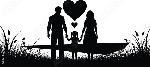 Loving Family Silhouette on a Boat with Grass Border and Floating Hearts, Black and White Vector Illustration Symbolizing Unity and Parental Love.