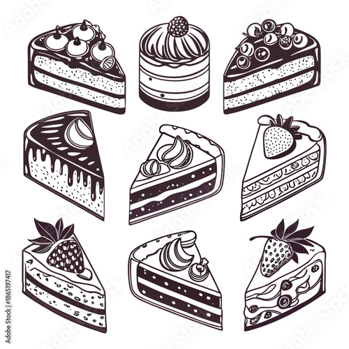 a delightful collection of various intricately designed cake slices and whole cakes in a monochrome silhouette