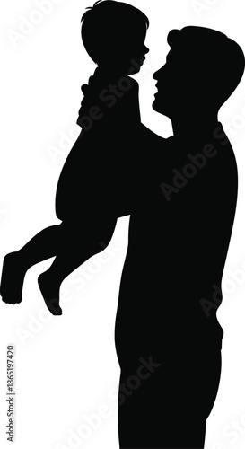 Loving father holding his cheerful baby or toddler up in the air, symbolizing parental joy, unconditional love, family bonding, and protection.