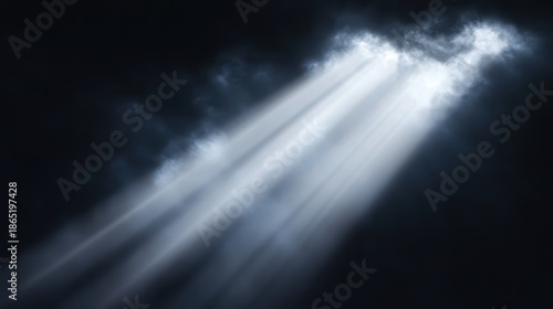 Beams of celestial light pierce through dark atmospheric clouds creating a powerful and ethereal display of radiant illumination