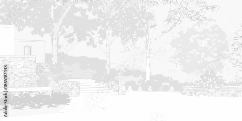 Architectural rendering of a house with stone walls and surrounding landscaping