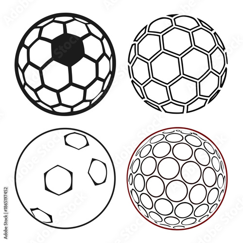 Four spherical designs featuring geometric patterns and outlines showcasing a striking black and white silhouette