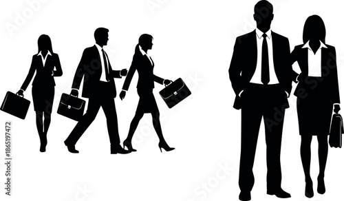 Business People Silhouettes Walking and Standing Professional Corporate Team with Briefcases Suited Success Concept Illustration for Office Workplace Careers Networking