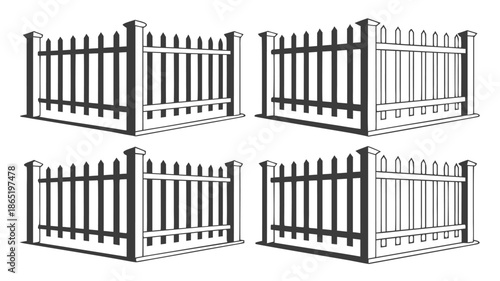 Four variations of a white picket fence design are displayed in a simple graphic silhouette