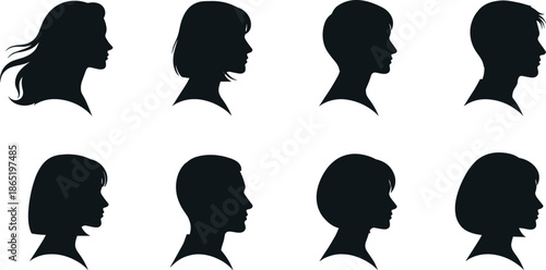 Collection of diverse male and female profile silhouettes with various hairstyles and haircuts for identity icons, beauty salon branding and avatars.
