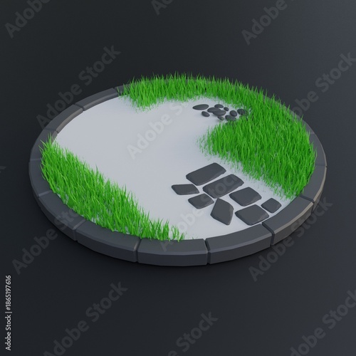 Stylized Circular Terrain with Grass and Stones
Minimalist circular terrain model featuring vibrant green grass, smooth white surface, and two distinct stone textures — rounded pebbles and flat paving