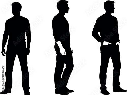 Black silhouette of a casual man in three different standing poses wearing a long sleeve shirt and slim fit jeans
