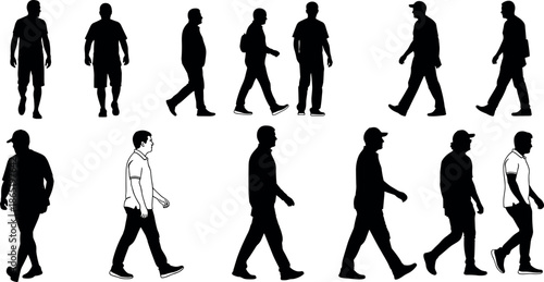 Collection of male silhouettes walking in casual clothing isolated on white background for urban lifestyle vector design and architectural visualization.