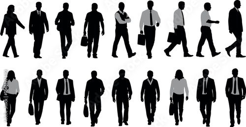 Collection of professional business people silhouettes walking and standing in formal corporate attire for office career and workplace vector concepts
