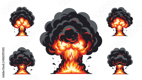 Collection of five dynamic pixel art explosions, featuring dramatic fire and dense black smoke, varying in size and intensity.