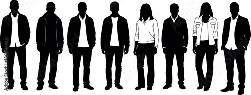 Diverse group of people silhouettes standing in a row wearing casual business attire for community, teamwork, and corporate workforce concept