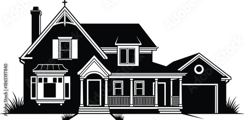 Modern black and white silhouette of a suburban craftsman house with large porch and attached garage for real estate and architecture design