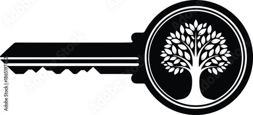 WebModern Key Silhouette with a Vibrant Tree of Life Icon, Representing Real Estate, Family Legacy, Growth, Security, or Environmental Protection and Access.