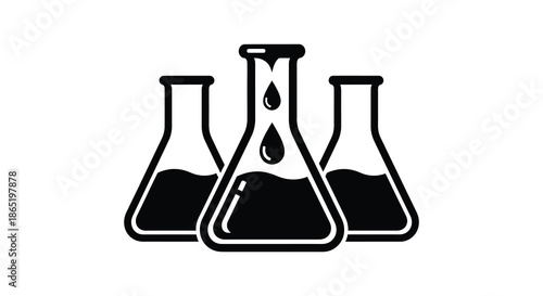A striking visual depiction of three laboratory beakers filled with dark liquid a bold silhouette