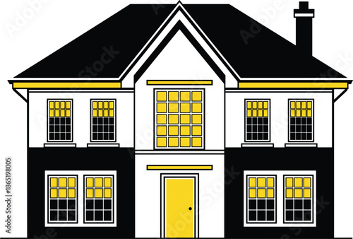 Modern two story house vector illustration with yellow windows and black roof for real estate architecture and home insurance design