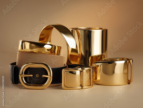 Luxury still life of bold gold fashion accessories, chunky belts and sculptural cuffs, elegant neutral background
