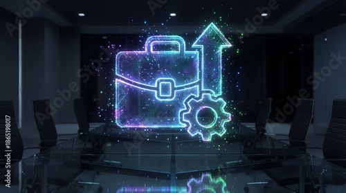Neon Business Briefcase and Upward Arrow Symbolizing Career Growth and Success