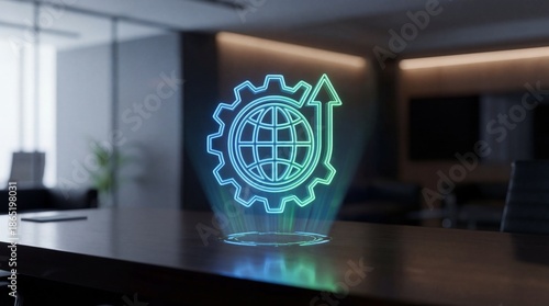 Glowing Neon Globe and Gear Icon on Meeting Room Table for International Business