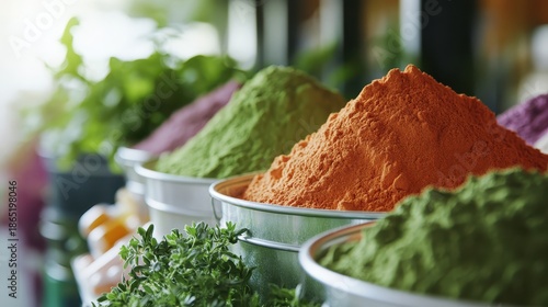 Buckets holding brightly colored powdered nutritional supplements with herbs