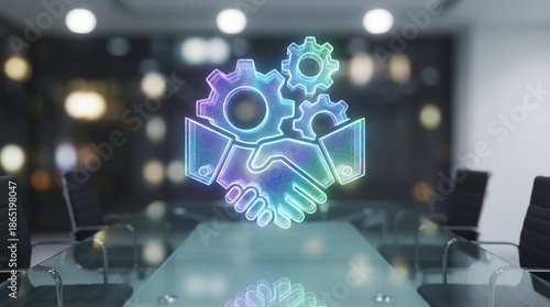 Neon Handshake and Gears Hologram on Conference Table for Partnership Concept