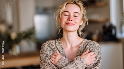 Woman gently embracing herself