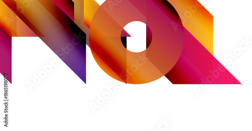 Abstract design features vibrant colors, geometric shapes forming NO text. Modern aesthetic, bold presentation, simple background.