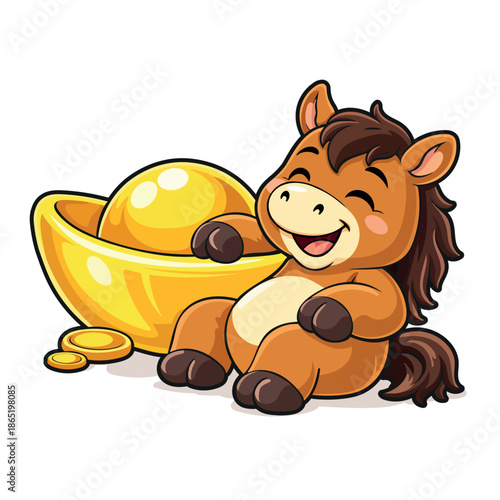 A joyful and relaxed cartoon horse mascot leaning against a giant Chinese gold ingot (yuanbao), symbolizing wealth, happiness, and prosperity for the Lunar New Year. High-quality vector