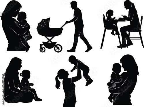 WebMother and Father Caring for Infant and Toddler with Stroller, Feeding, and Loving Cuddles.
