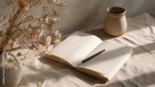 Open blank notebook with pen on a soft fabric surface