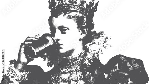 Queen drinking from a cup in a vintage illustration. Elegant black and white vector artwork with intricate details, emphasizing regal elements.