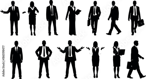 Professional Business People Silhouettes Collection Featuring Corporate Men and Women in Suits Standing Walking and Gesturing for Office Career Concepts