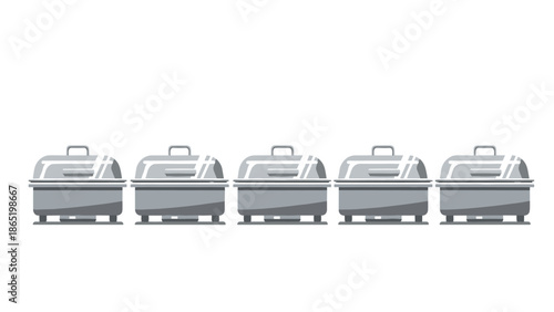 Organized line of five closed stainless steel chafing dishes, ready for a buffet or catering event, presented on a clean white background.