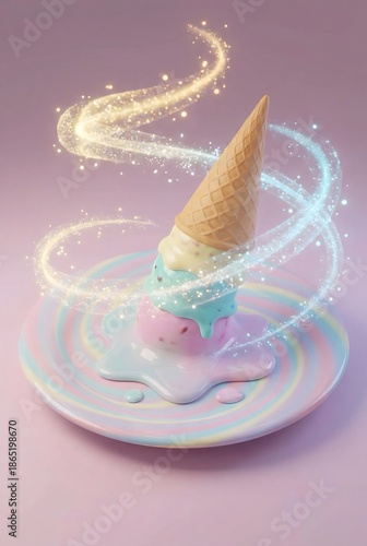 Melting ice cream glowing with magical sparkles around it