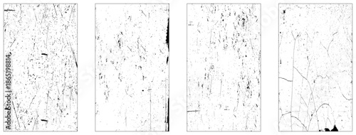 Set of 4 overlay textured. Distressed black texture. Dark grainy texture on white background. Grain noise particles. 