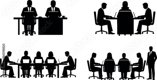 Professional Business People Silhouettes Working in Office Meeting Room Set with Team Collaboration, Corporate Seminars, and Creative Workspace Desk Interaction.
