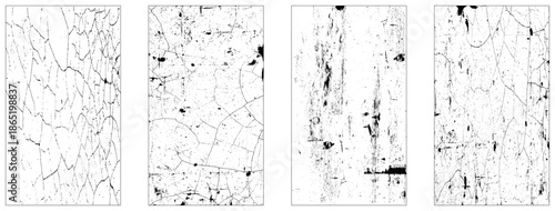 Set of 4 overlay textured. Distressed black texture. Dark grainy texture on white background. Grain noise particles. 