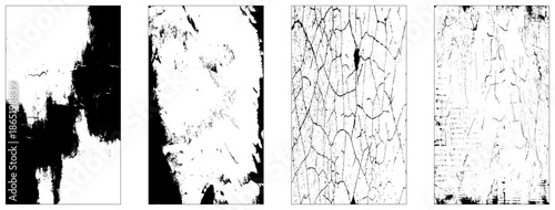 Set of 4 overlay textured. Distressed black texture. Dark grainy texture on white background. Grain noise particles. 