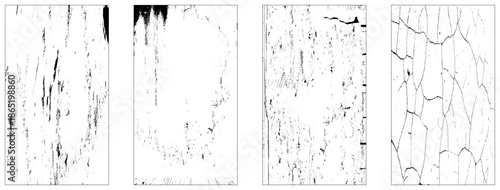 Set of 4 overlay textured. Grain noise particles. Rusted white effect. Grunge design elements. Vector illustration