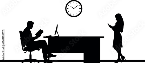Professional Business Silhouette of Man Reading at Desk and Woman Using Smartphone in Modern Office Setting with Wall Clock Background