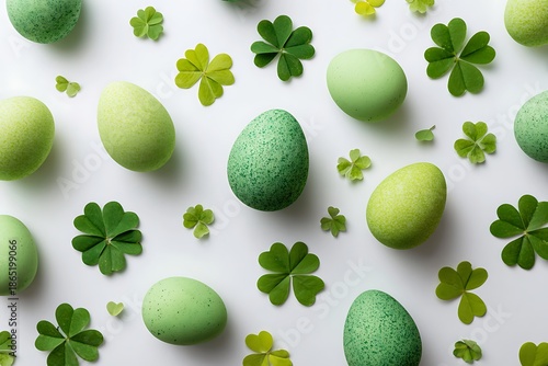 A cheerful arrangement of pastel eggs and vibrant four leaf clovers on white