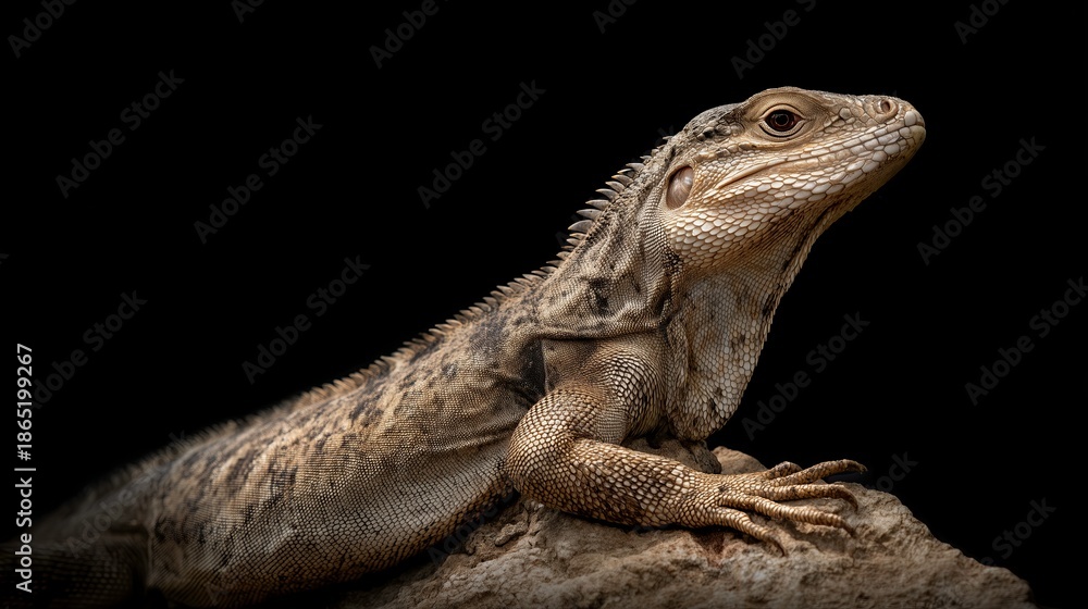 Fototapeta premium Lizard resting on rock in dramatic lighting against black background 