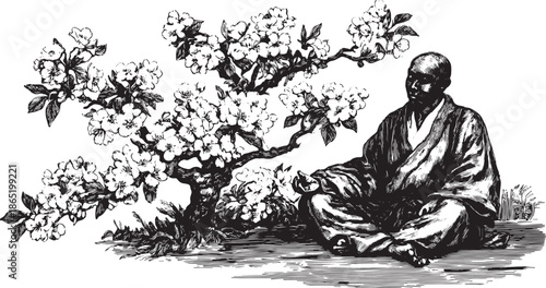 Meditation scene featuring a man seated under a flowering tree. This black and white illustration captures a tranquil moment in nature, emphasizing mindfulness.