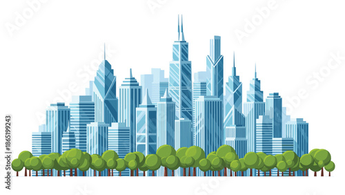 Majestic modern city skyline showcasing numerous towering blue and grey skyscrapers, beautifully framed by a lush line of green trees at the foreground.