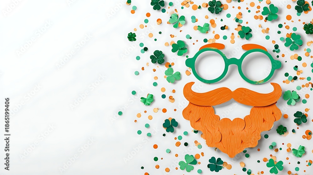 Fototapeta premium St patrick s day festive arrangement with glasses beard and clover confetti