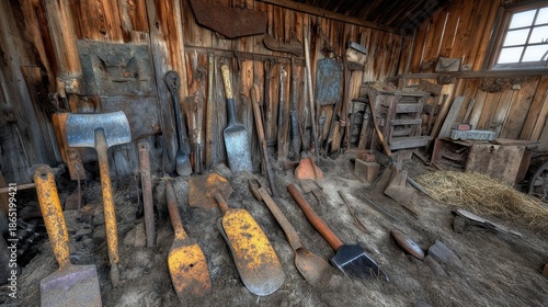 Collection of assorted vintage rusty farming tools displayed against a weathered wooden wall inside an abandoned structure