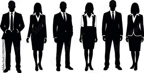 Set of professional business people silhouettes in formal corporate attire standing in a row for team leadership and office recruitment.